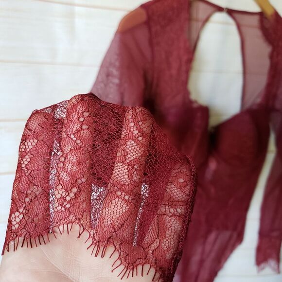 Victoria's Secret Eyelash Lace Mesh Sheer Thong Bodysuit Teddy Long Sleeve 36C - Picture 6 of 16